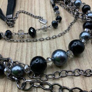 You & I Multi Strands Gun Metal Beaded Velvet Necklace